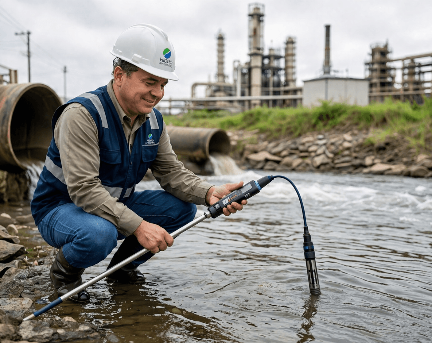 Análise de água em área industrial com monitoramento ambiental de rio