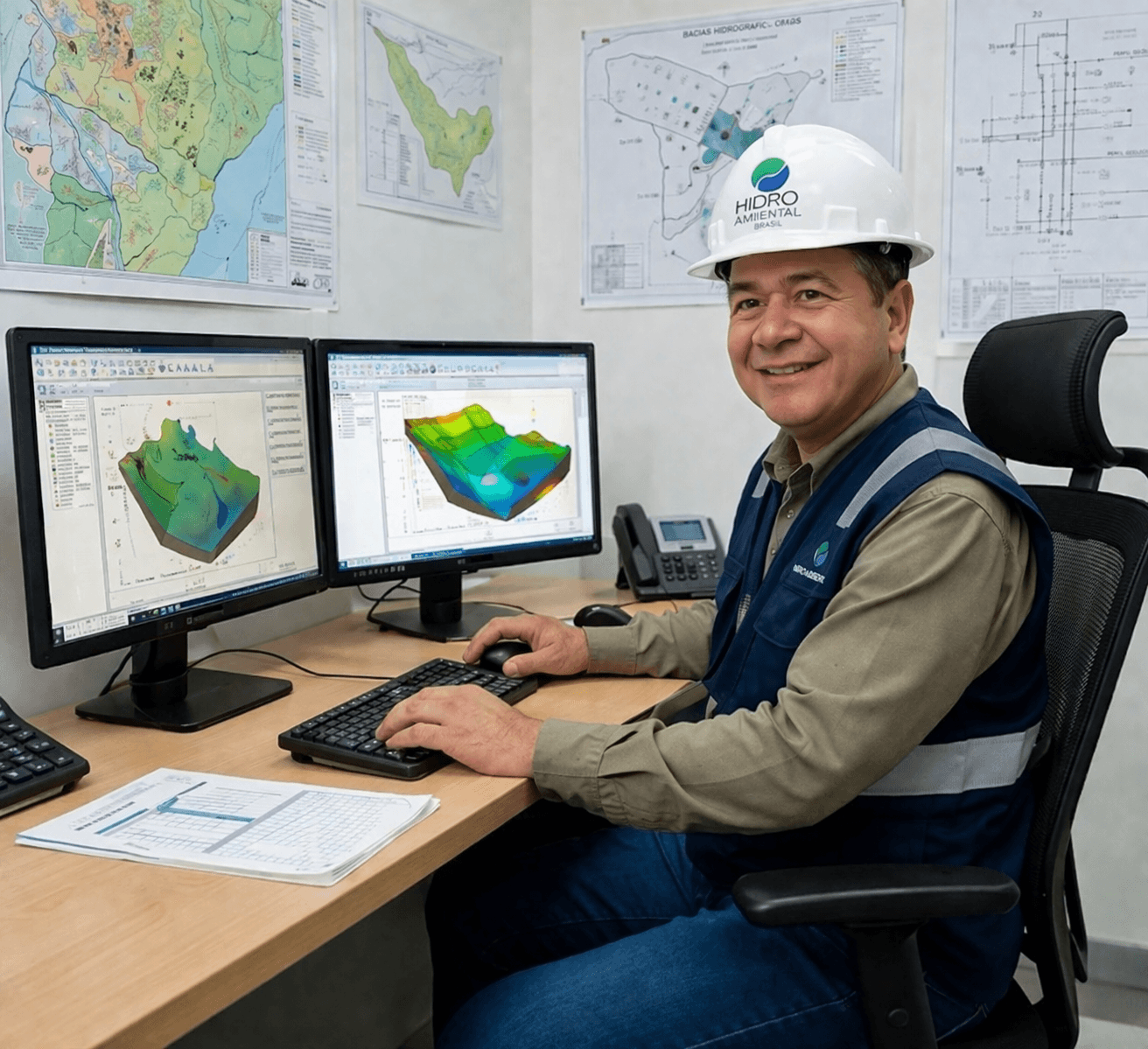 Equipe técnica analisando mapas geoespaciais 3D para monitoramento ambiental