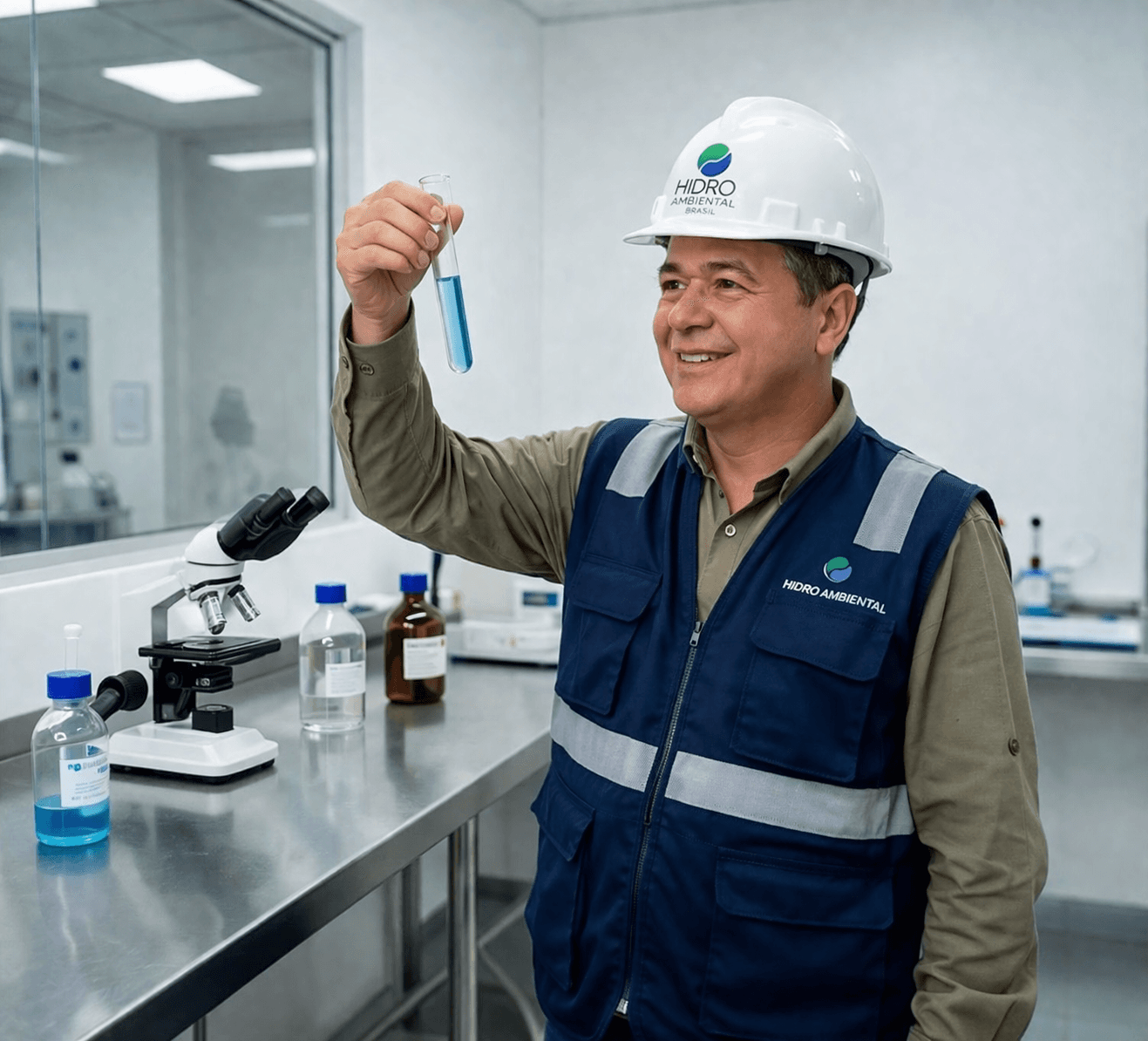 Análise laboratorial de qualidade da água com tubo de ensaio