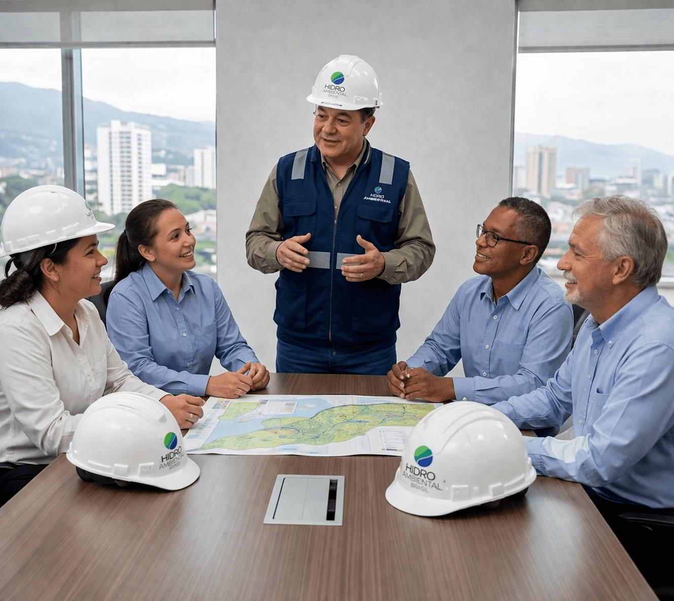 Equipe em reunião de planejamento ambiental e análise territorial