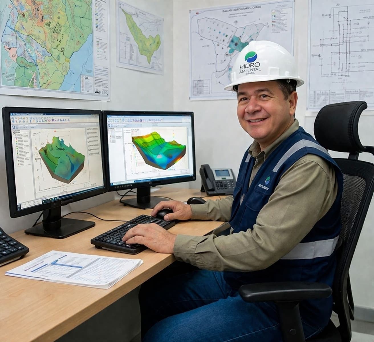 Equipe técnica analisando mapas geoespaciais 3D para monitoramento ambiental