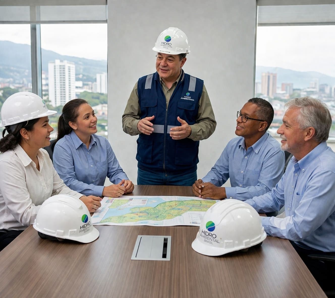 Equipe em reunião de planejamento ambiental e análise territorial